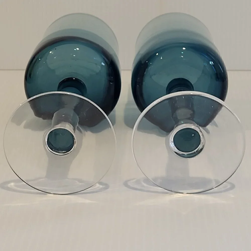Pier 1 Goblet Blue Water 12 Oz Double Dip Mouth Blown MCM Style Wine Glass Pair